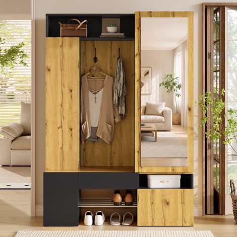 Recibidor de entrada con espejo y zapatero 127x35x180,5 cm - mueble perchero para pasillo armario colgador mdf - negro y natural (1/5)