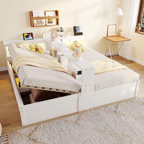 Lit coffre modulable en bois 90/180x200 cm, Canapé-lit double avec coffre hydraulique, LED et prises, scandinave, pour chambre, bleu clair (1/5)