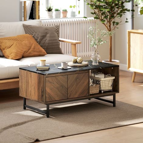 Couchtisch, Wohnzimmertisch, Tischplatte in Marmoroptik, 2 Türen und 2 offene Nischen, 100 x 50,8 x 45,7 cm, Nussbaum