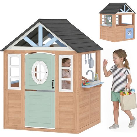 Cabane enfant extérieure en bois avec chatière, cuisine de jeu, porte et fenêtres, bois naturel - Cabanon ludique pour tout-petits (1/5)