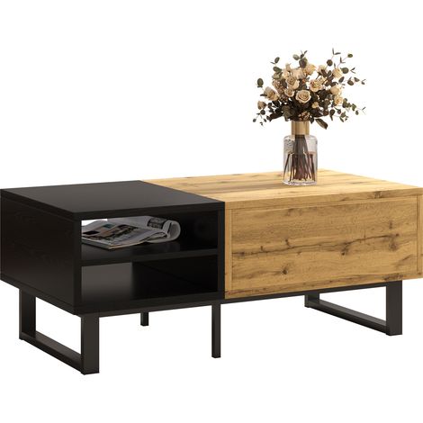 Table basse,table de salon avec structure en blocs de couleur,compartiments et tiroirs,pieds métalliques. (1/5)
