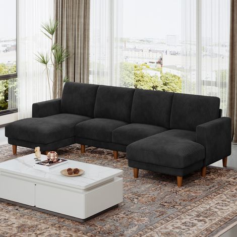 Großes 4-Sitzer-Sofa in U-Form, atmungsaktiver Cordstoff mit Armlehne, bequemes Sofa für das Wohnzimmer, 269 x 140 x 86 cm, Schwarz