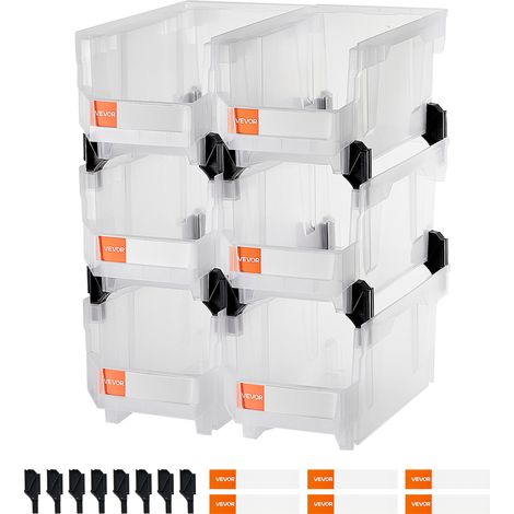 VEVOR Contenitori Impilabili in Plastica, 377 x 215 x 180 mm, 6 Pezzi, Contenitori in Plastica per Organizzare Oggetti in Armadio, Piccole Parti, Forniture per Ufficio, Altri Accessori, Trasparenti