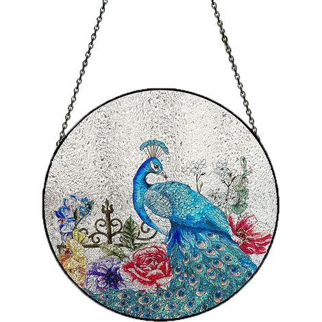 Vitrail suspendu coloré - Motif paon, cadre en fer, décoration intérieure (1/4)