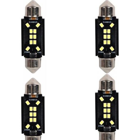 4 Pezzi Lampada Led Siluro 39mm Canbus T11 SV8.5 C5W C10W 10 SMD 2016 12V 24V 2.5W 380lm Bianco 6500K per Auto e Camion