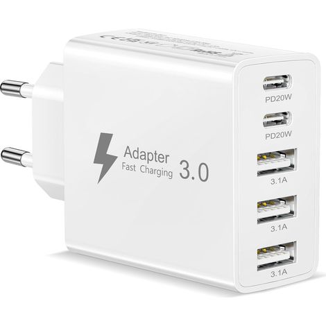 Chargeur USB C Rapide, 50W 5 Ports Prise USB C Chargeur Rapide iPhone Prise USB Multiple Adaptateur USB Chargeur Type C Secteur pour iPhone 17/16/15/14/13/12/11 Pro Max/8/iPad Pro, Samsung S26/S25/S24 (1/5)