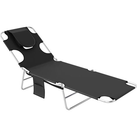Chaise longue de jardin, transat avec ouverture rembourrée pour le visage, table de massage d'extérieur, poche latérale, tissu, métal, noir