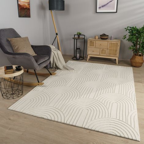 Wohnzimmer Teppich Esszimmer Kurzflor Geometrische Optik Skandi Boho Unifarben 200 cm x 280 cm x 14 mm Creme Rechteckig (1/5)
