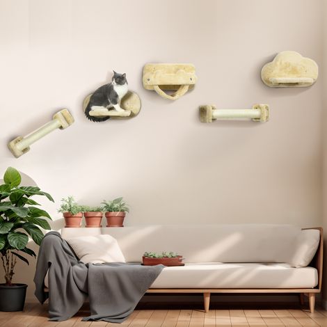 Escalier pour chat, ensemble 5 pièces, 2 griffoirs, 2 plateformes avec revêtement peluche, hamac, beige (1/5)