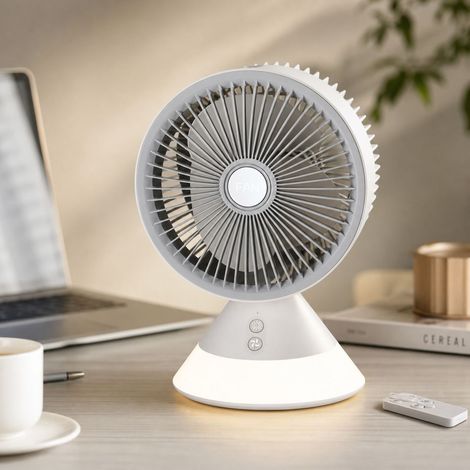 Ventilateur de bureau oscillant sans fil, rechargeable USB 4000mAh avec télécommande, 3 vitesses, lumière nocturne réglable, blanc (1/4)
