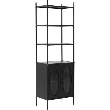 Étagère métal noir portes vitrées effet vieilli style industriel - noir effet vieilli verre ondulé (1/5)