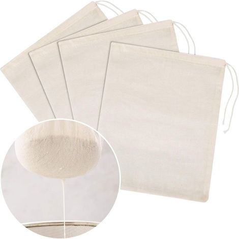 Paquet de 4 (grands 14x12 pouces) sacs en coton passoire à lait sacs d'épicerie sacs en étamine yaourt café thé jus de vin (1/5)