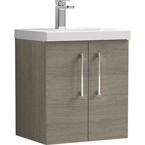 Nuie Arno Solace Oak Woodgrain 500mm Wall Hung 2 Door Vanity Unit and Thin Edge Ceramic Basin - ARN2521D (1/5)