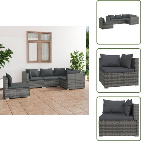 The Living Store Set Divani da Giardino 5 pz con Cuscini in Polyrattan Grigio - Divani da esterno