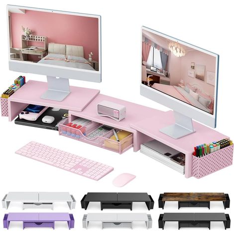 Support élévateur pour double moniteur, accessoires de bureau en métal avec tiroir et 2 porte-stylos, longueur et angle réglables - Support de moniteur d'ordinateur pour écran, ordinateur (1/5)