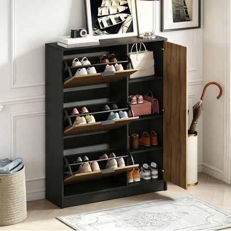 Zapatero de 100x30x130 cm con 3 puertas abatibles y 1 puerta, ideal para la entrada, fabricado en MDF natural y negro (1/5)