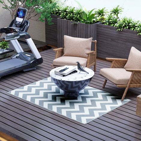 Tapis D'exterieur - Double Face - Fibre Synthetique - 121 x 182 cm - Gris Clair Et Blanc (1/5)
