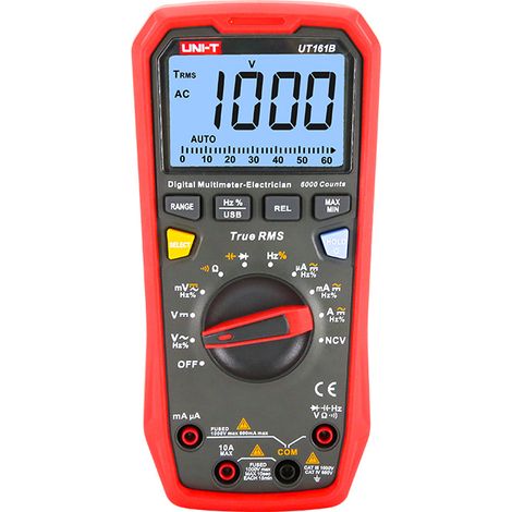 Multimetro digitale autorange UNI-T UT-161B - Funzioni: tensione DC, tensione AC, corrente DC, corrente AC, resistenza, capacità, frequenza, duty cycle, temperatura, true RMS, non contact voltage, pro (1/4)