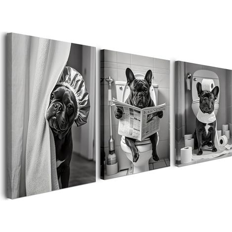 Lot de 3 tableaux muraux avec cadre - 40 x 50 cm - Motifs amusants de bouledogue français noir et blanc pour salon, chambre à coucher, cuisine, bureau, salle de bain - Décoration murale avec cadre (1/5)