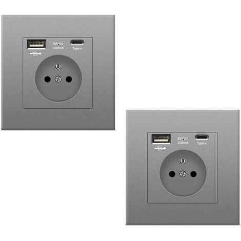 (2 Steckdosen) Graue Wandsteckdose mit USB- und Typ-C-Anschlüssen, Glassteckdose, 2100 mA, 5 V