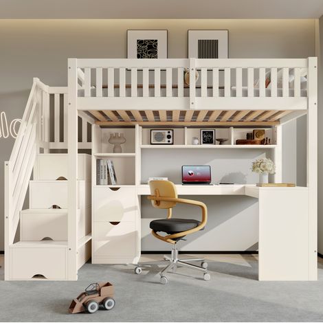 Cama alta 90x200 cm blanca con escalera con almacenaje y escritorio de esquina, con espacio de guardado (1/5)