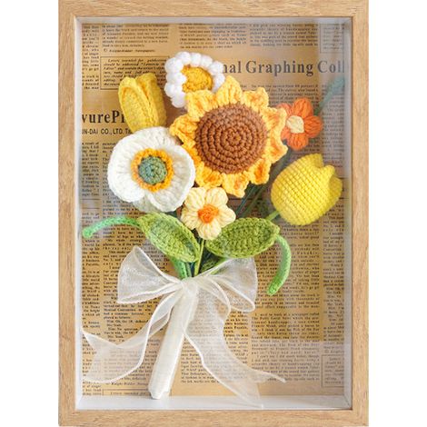 Handgestrickter Blumen-Fotorahmen, künstlicher Sonnenblumenstrauß, Wanddekoration (gelb)