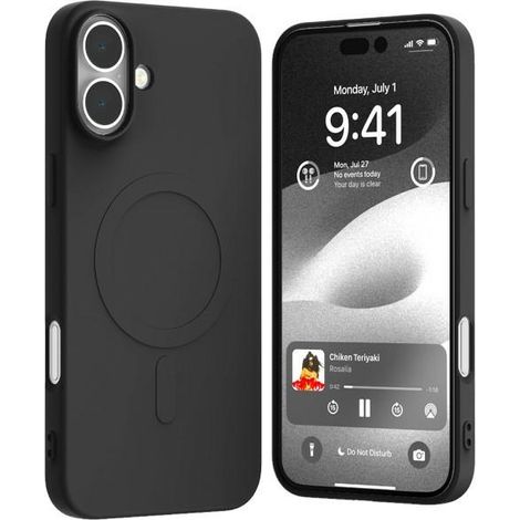 Funda Mercury MagSafe de silicona semipermanente para iPhone 16 Plus de 6,7 pulgadas, color negro.