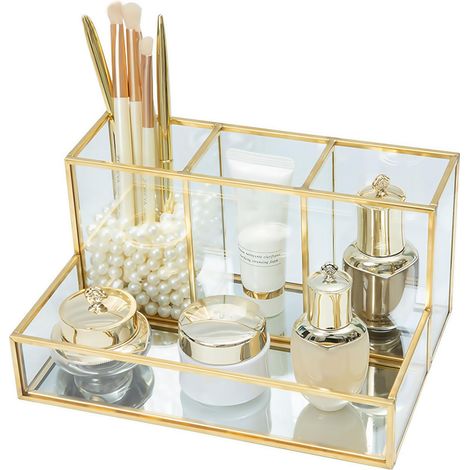 Boîte À Maquillage - Verre Trempé Transparent Et Laiton - Organisation Cosmétique Pour Salle De Bain Dressing Séjour - 1 Pièce