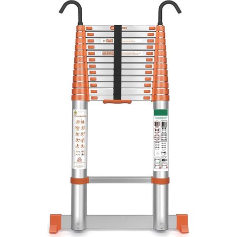 Échelle Télescopique Pliante en Aluminium 5,1m Orange Echelle Rétractableen Extensible avec Crochet Amovible, Robuste, Intérieur et Extérieur (1/5)