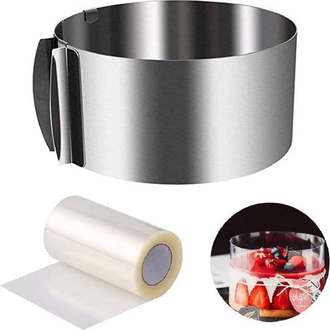 1 Cercle à Pâtisserie Réglable, Acier Inoxydable, 1 Ruban à Gâteau Transparent, PP, pour Mousse et Dessert