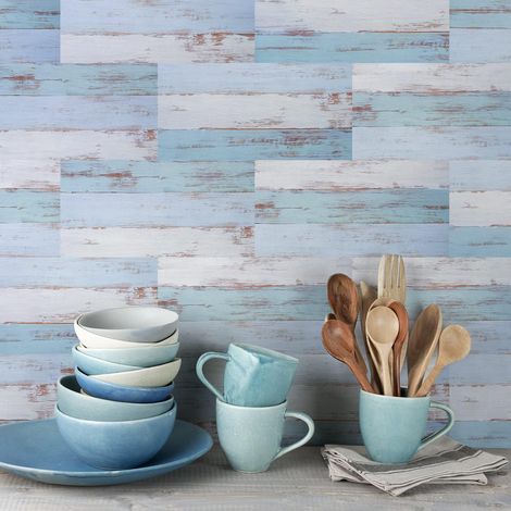 Lot de 10 autocollants de carrelage mural en vinyle imperméable pour cuisine et salle de bains, bleu et turquoise, 30 x 15 cm (1/5)