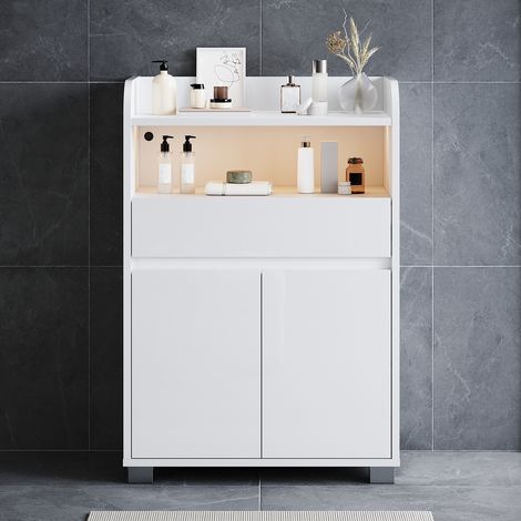 ELEGANT Bathroom Storage Units with LED Light 5 Shelves 2 Doors Bathroom Cabinet Furniture, White 560×300×820mm