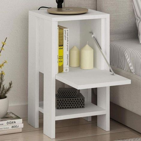 Comodino 30x30x55 cm Mobiletto con Anta a Ribalta e Ripiano in Legno Bianco (1/4)