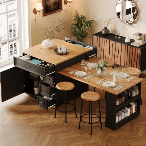 îlot de cuisine extensible 120-184×70×94cm avec tiroirs et roulettes,îlot de cuisine mobile avec plateau effet bois,Table de bar avec rangement,Noir (1/5)
