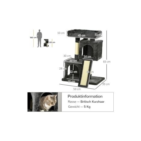 Arbre à chat en sisal jusqu'à 30 kg, griffoir avec poteau en sisal, planche à gratter, peluche gris foncé pour chats actifs (1/5)
