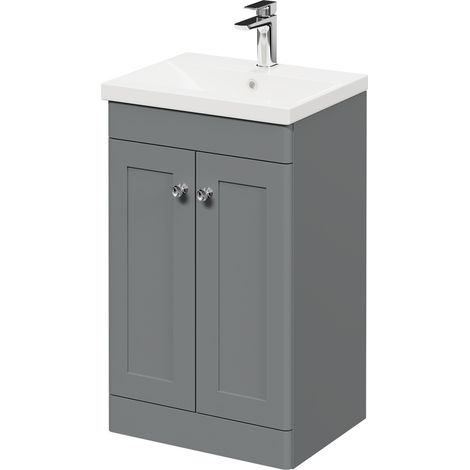 Wholesale Domestic Danbury Satin Grey 500mm Floor Standing Vanity Unit with 1 Tap Hole Modern Basin and 2 Doors with Polished Chrome Handles (1/5)