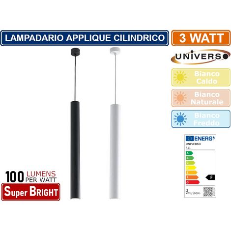 LAMPADARIO APPLIQUE A SOSPENSIONE DI FORMA CILINDRICA 3W 300 LUMEN COLORE BIANCO - NERO - Colore Luce: Bianco Caldo \ Colore: Bianco