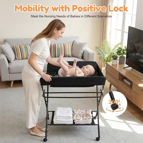 Table à langer mobile pliable 3 en 1 avec panier de rangement, ceinture de sécurité et 4 roulettes, hauteur réglable, charge maximale 25 kg (noir) (1/5)