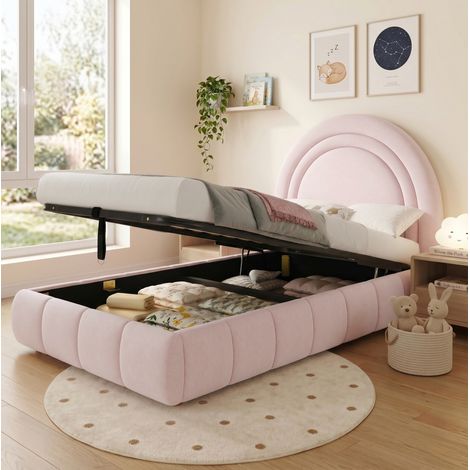 REDOM - Lit enfant - 90x200 cm - avec rangement hydraulique - velours - rose (Sans matelas) (1/5)