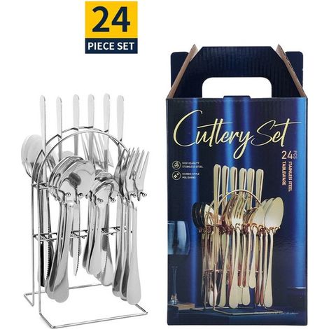 24 teiliges Edelstahl Besteckset (Messer, Gabel, Löffel, inkl. Besteckablage) / 6 Personen Besteckset / Weihnachtsgeschenk