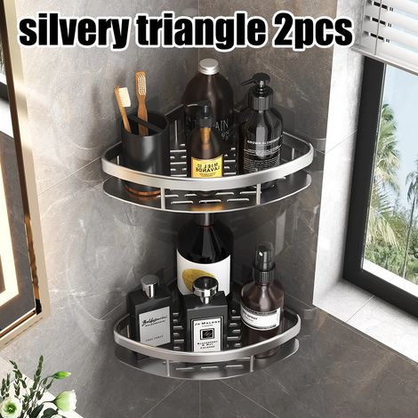 (Silver-A-2PCS) Étagère murale rectangulaire pour salle de bain, porte-serviettes, porte-shampoing mural, support trépied sans perçage. (1/5)