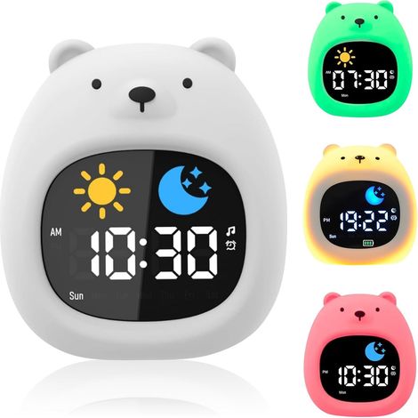 CCYKXARéveil en forme d'ours pour enfants avec veilleuse Lampe en silicone rechargeable de heures Réveil avec bruit blanc Horloge numérique pour enfant (1/5)