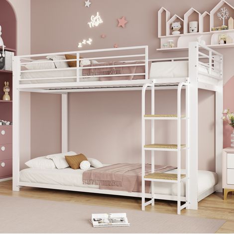 Letto a castello 90x200 cm per bambini in metallo e MDF bianco e noce, salvaspazio FloraGrace (1/5)