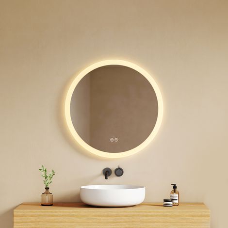 EMKE LED Badezimmerspiegel mit Antibeschlag Ø50cm Dimmbar 3 Lichtfarben Touch Schalter Mattierter Lichtrand Rahmenlos
