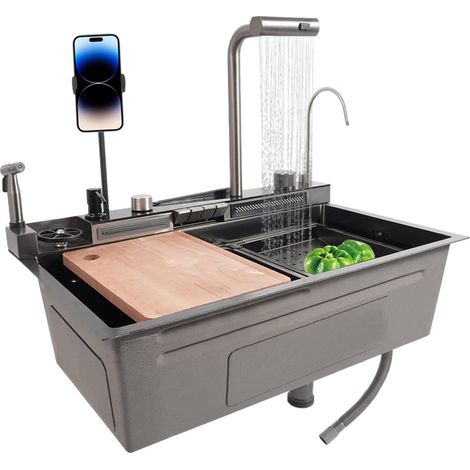 Lavello da cucina - Display digitale - 75 x 46 x 23 cm - Cascata - Nero - Lavello in stile rustico - Vasca singola - Piano di lavoro - Con rubinetto estraibile