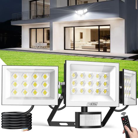 Eclairage Exterieur avec Detecteur, 150W 15000LM Projecteur LED Extérieur avec Télécommande, 3 Têtes de Lampe, 6500K Blanc Froid, IP66 Etanche Spot Exterieur pour Patio Garage (1/5)