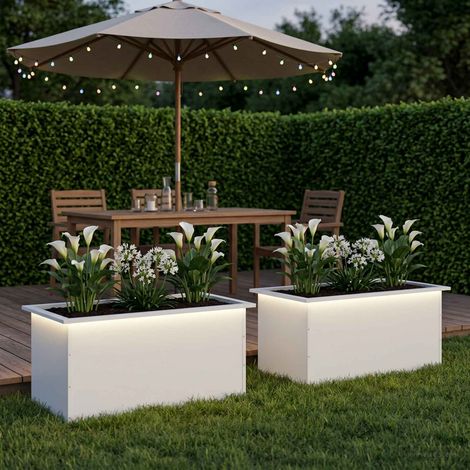 vidaXL Jardinière de jardin avec LED 2 pc Blanc 50 x 80 x 48 cm Acier (1/5)