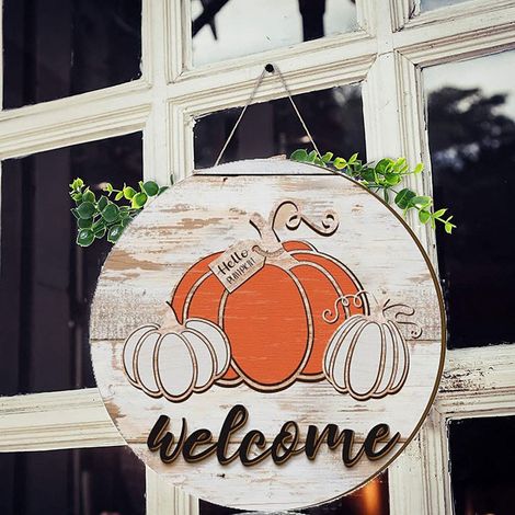Panneau En Bois Accrochable - Motif Citrouille Automne - Pour Porte Porche Mur Extérieur Intérieur - 30 x 30 cm - 1 Pièce (1/5)
