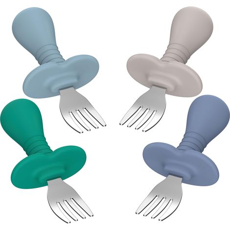 Ensemble de 4 fourchettes pour bébé – Couverts pour bébé autonome, manches en silicone souple, acier inoxydable 18/8 (1/5)