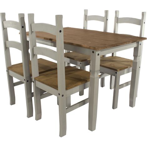 Dining Set With Grey Solid Waxed Pine Rectangle Table & 4 Matching Dining Chairs